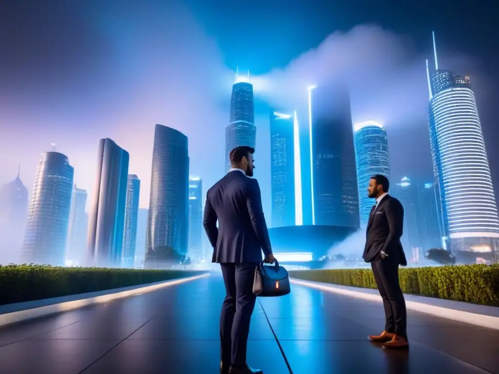 Inversión estratégica en ciudad futurista de alta tecnología Vibrante ciudad futurista de noche con profesionales en trajes de negocios discutiendo, reflejando modelos predictivos en inversión inmobiliaria