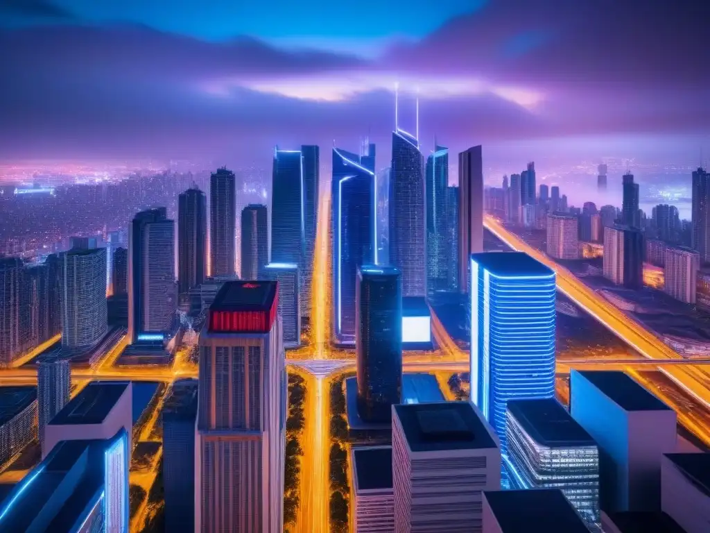 Futurista ciudad de noche: rascacielos iluminados y vehículos autónomos Vibrante ciudad futurista de noche con rascacielos iluminados por luces neón, perfecta para modelos predictivos inversión inmobiliaria
