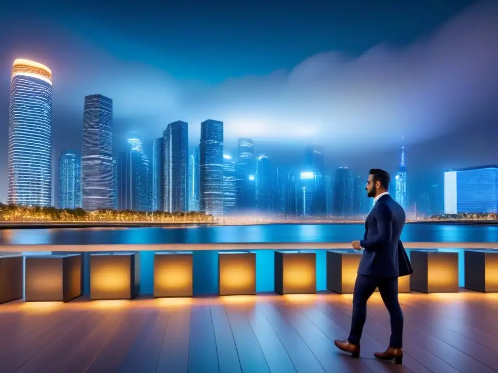 Inversión inmobiliaria futurista: luces y datos en la ciudad nocturna Vibrante ciudad futurista de noche con rascacielos iluminados y pantallas digitales mostrando datos inmobiliarios, tecnología en inversión inmobiliaria moderna