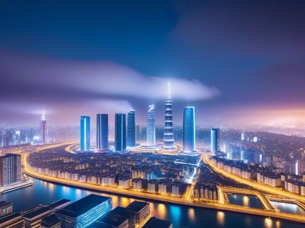Skyline futurista con blockchain en la noche Vibrante ciudad futurista de noche con rascacielos iluminados y pantallas digitales mostrando transacciones inmobiliarias en blockchain
