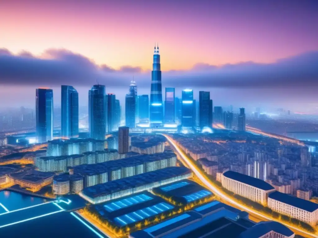 Skyline futurista nocturno con tecnología blockchain Vibrante ciudad futurista de noche con símbolos de tecnología blockchain