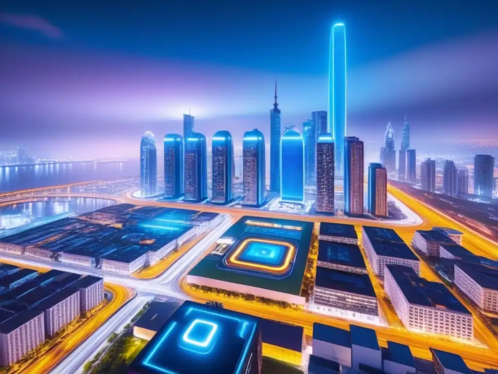 Metrópolis futurista: luces neón y tecnología urbana avanzada Vibrante ciudad futurista de noche con rascacielos iluminados por luces neón, reflejando integración tecnológica y regulaciones en sector inmobiliario
