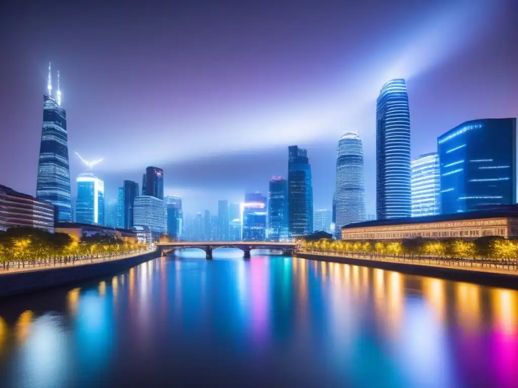Metrópolis futurista: ahorro en seguros con innovación Vibrante ciudad futurista de noche con rascacielos iluminados por luces de neón, reflejados en un río tranquilo