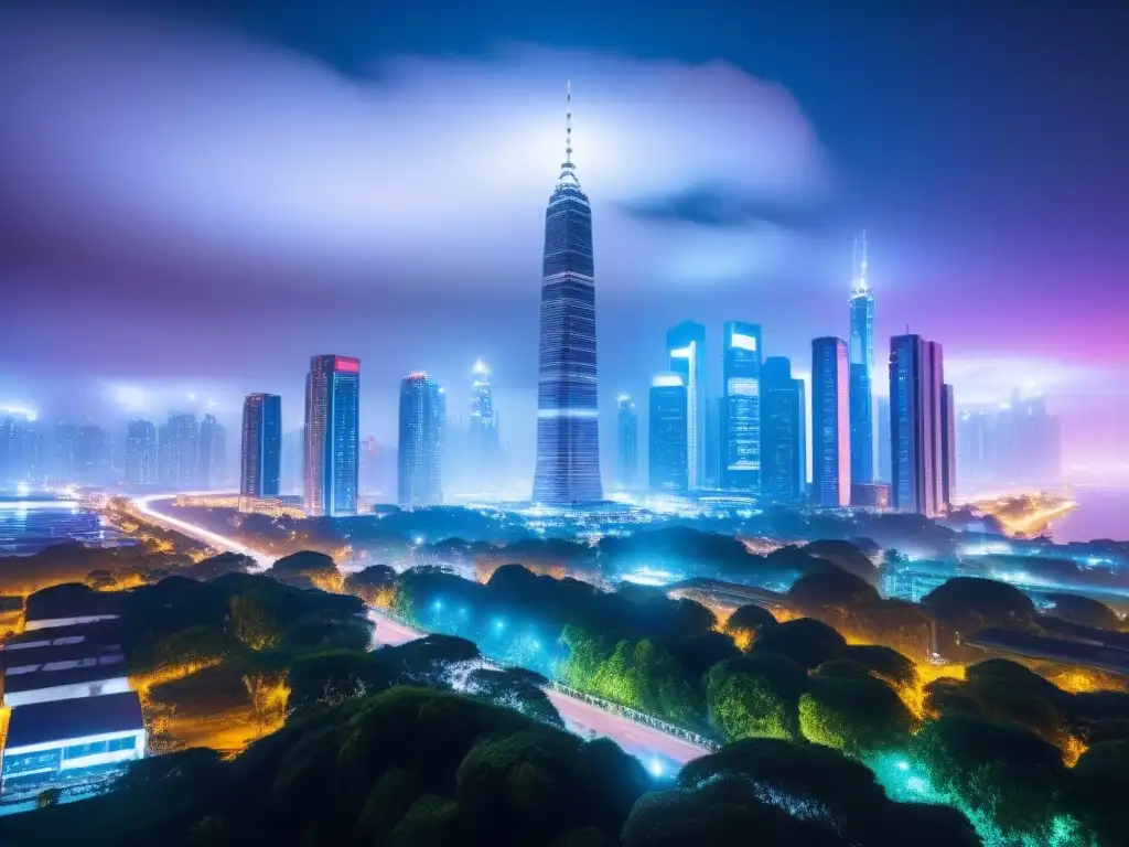 Metrópolis futurista: avances tecnológicos en seguros comerciales Vibrante ciudad futurista de noche, con rascacielos iluminados y tecnología en seguros propiedades comerciales