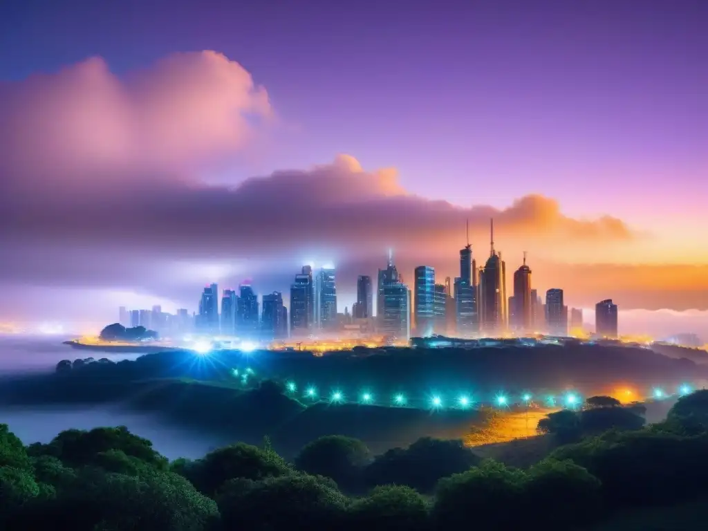 Horizonte urbano futurista: edificios ecoeficientes iluminados Vibrante ciudad futurista de noche, con edificaciones energéticamente eficientes iluminadas por luces LED ecológicas, reducir huella carbono edificaciones