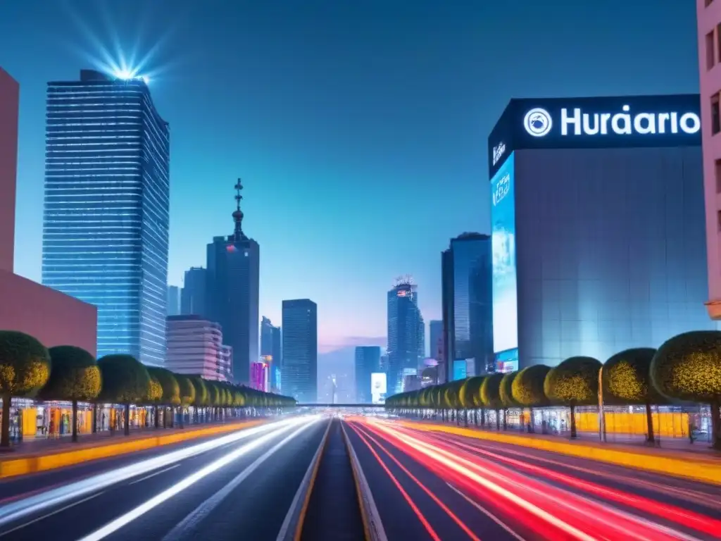 Metrópolis futurista de México: tecnología y real estate brillan de noche Vibrante ciudad futurista de México de noche, con letreros digitales y datos brillantes entre rascacielos, reflejando la transformación digital mercado inmobiliario México