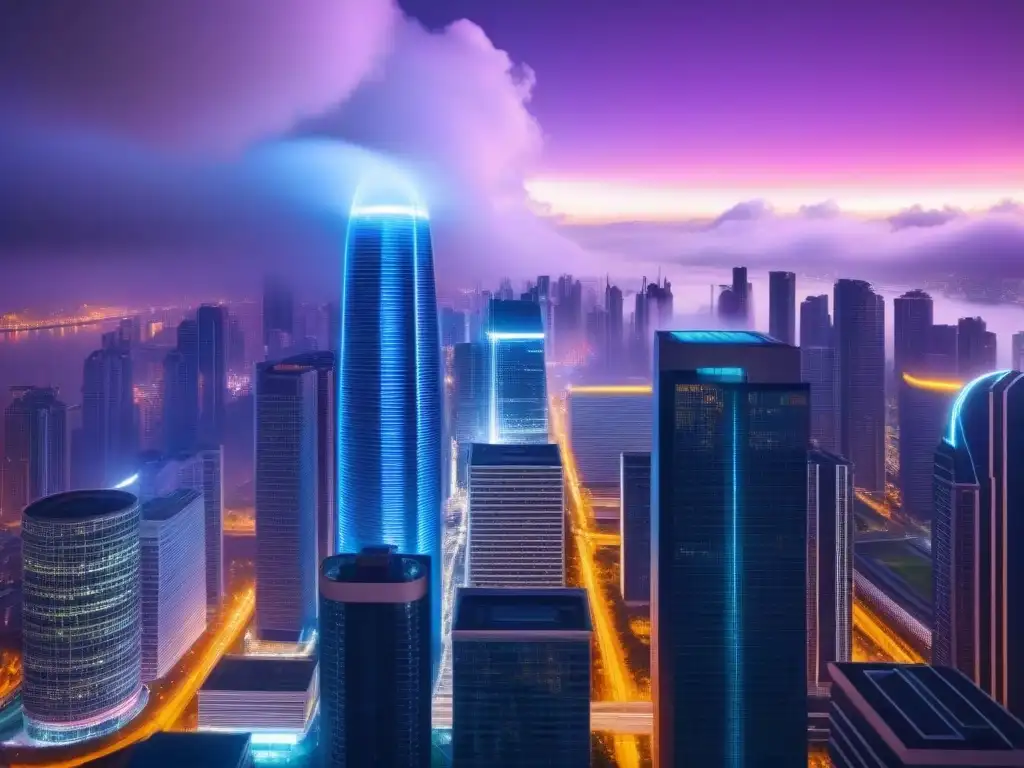 Metropolis futurista: datos y IA transforman mercado inmobiliario Vibrante ciudad futurista de noche con luces neón, representando la integración de Big Data en mercado inmobiliario