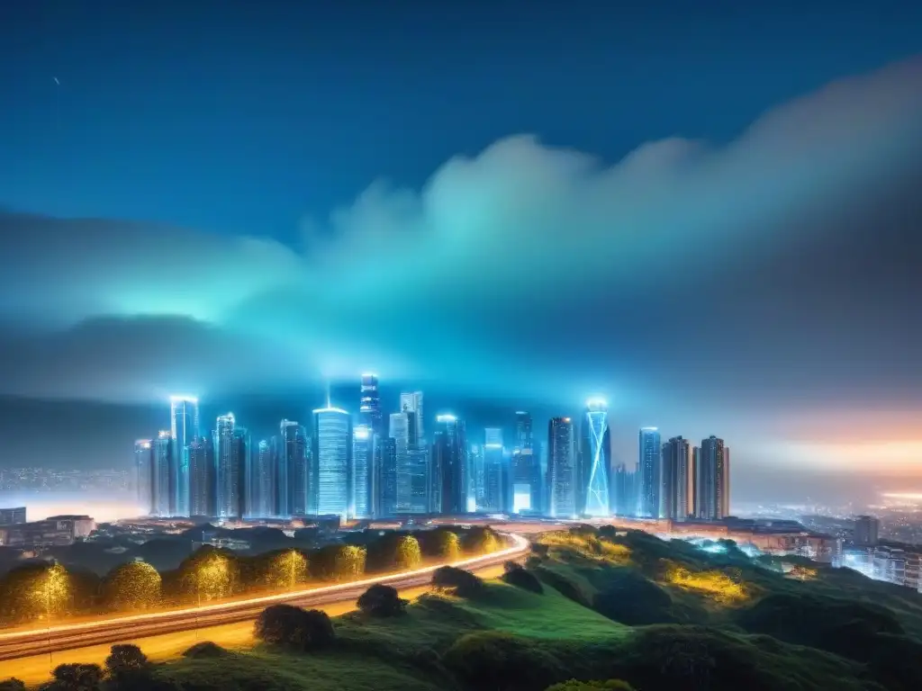 Metrópolis futurista: transacciones digitales en blockchain Vibrante ciudad futurista de noche con rascacielos iluminados y datos brillantes fluyendo entre edificios, simbolizando seguridad en transacciones blockchain bienes raíces