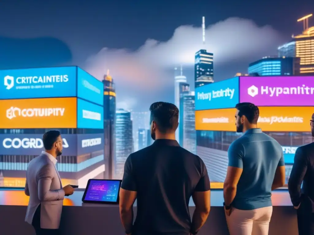 Innovación y riqueza: inversores en ciudad futurista cripto Vibrante ciudad futurista de noche con inversores y tecnología blockchain