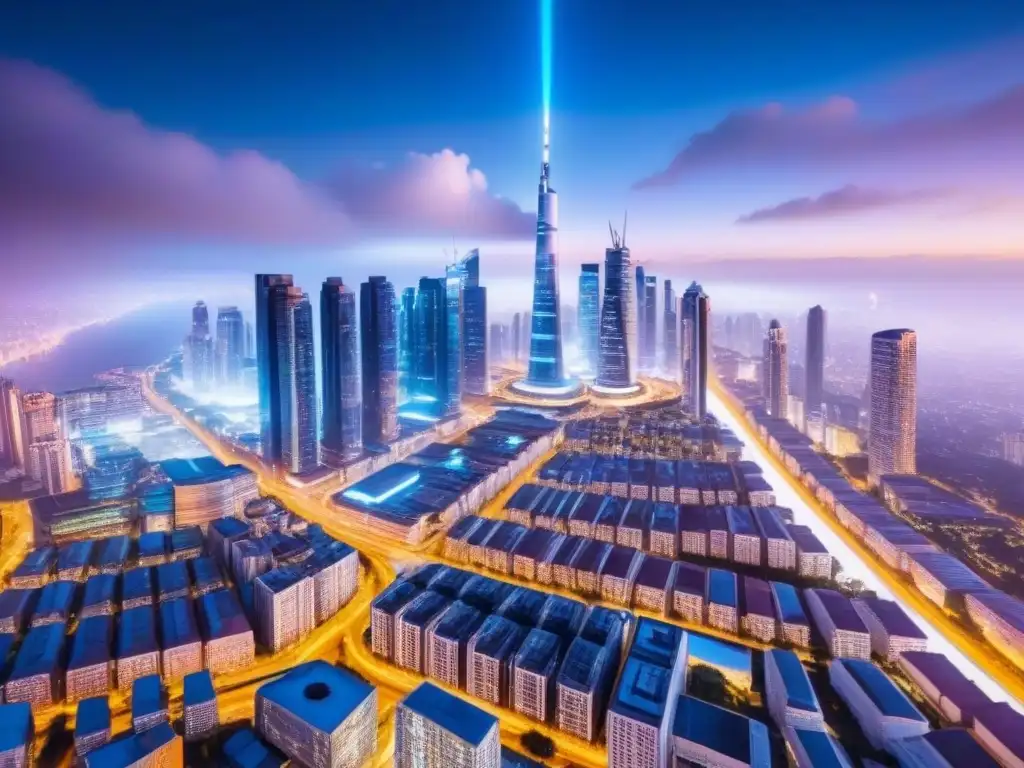 Cityscape futurista: inversión inmobiliaria y tecnología Vibrante ciudad futurista de noche con tecnología fintech en inversión inmobiliaria