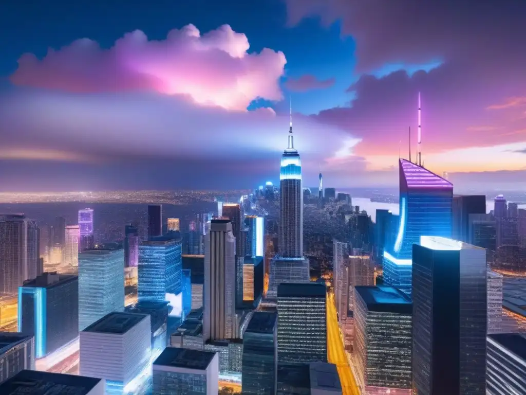 Metrópolis futurista: luces neon en la noche Vibrante ciudad futurista de noche con tecnología fintech integrada