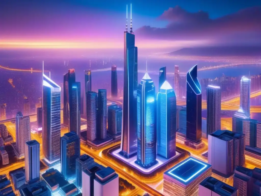 Futurista ciudad nocturna: tecnología y luces neón en 8k Vibrante ciudad futurista de noche con luces de neón y drones, reflejando la Integración de la Inteligencia Artificial en Inversión Inmobiliaria
