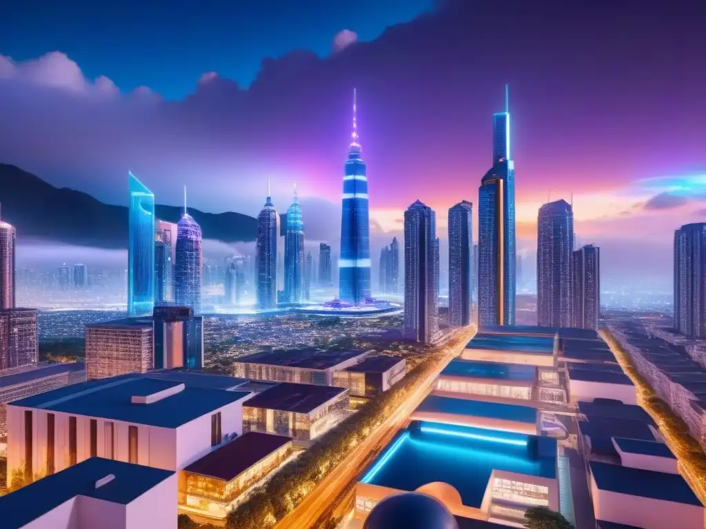 Cityscape futurista nocturno: Real Estate AI en 8k Vibrante ciudad futurista de noche con rascacielos iluminados y autos voladores, reflejando la experiencia de búsqueda inmobiliaria con Inteligencia Artificial
