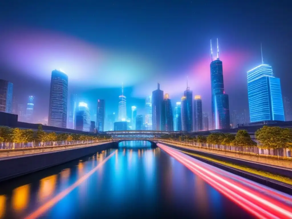 Metrópolis futurista: luces y drones en la noche Vibrante ciudad futurista de noche con rascacielos iluminados y drones avanzados, reflejando una sociedad tecnológica e interconectada