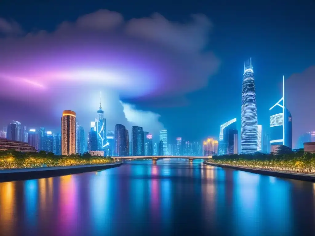 Metrópolis futurista: skyline nocturno con rascacielos iluminados Vibrante ciudad futurista de noche con rascacielos iluminados y río sereno