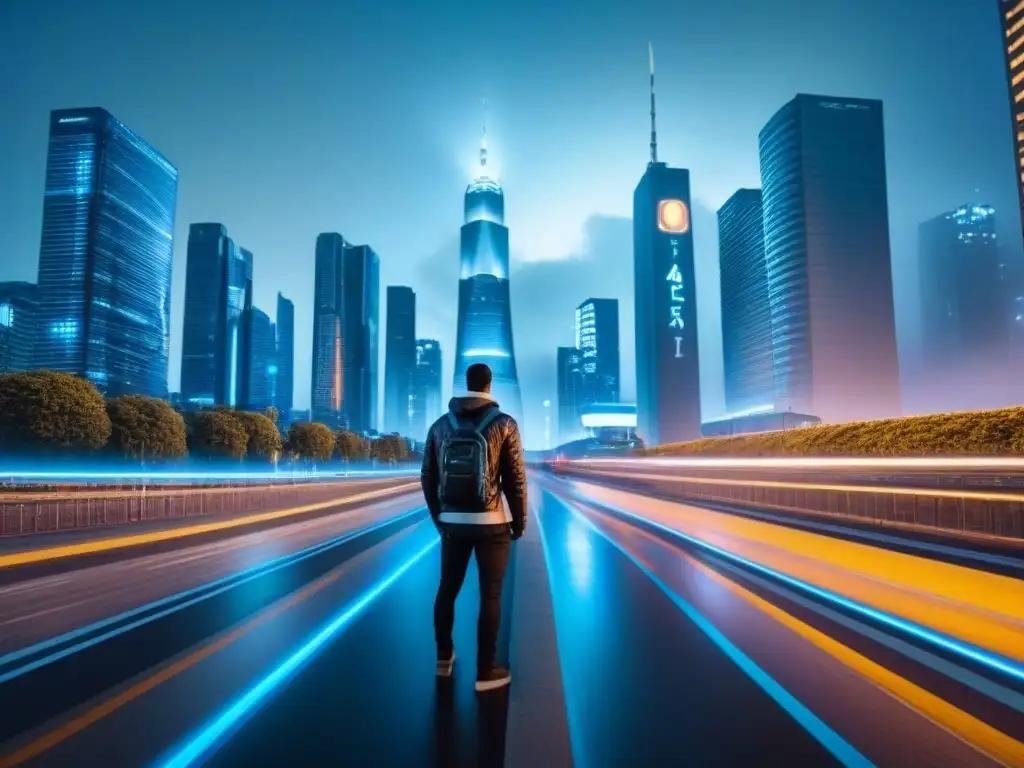 Metrópolis futurista: Big Data y AI revolucionan inversión inmobiliaria Vibrante ciudad futurista de noche con inversión inmobiliaria, big data e IA