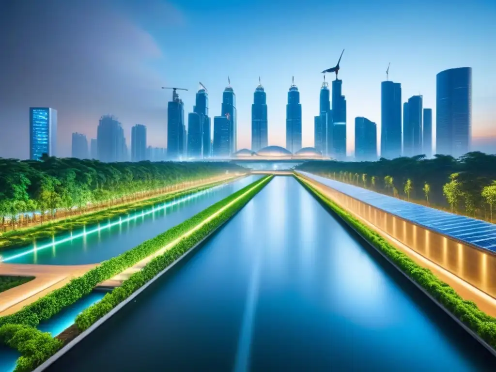 Infraestructura de agua futurista en la ciudad nocturna Vibrante ciudad futurista de noche con innovadora infraestructura de agua y saneamiento, ideal para inversión inmobiliaria