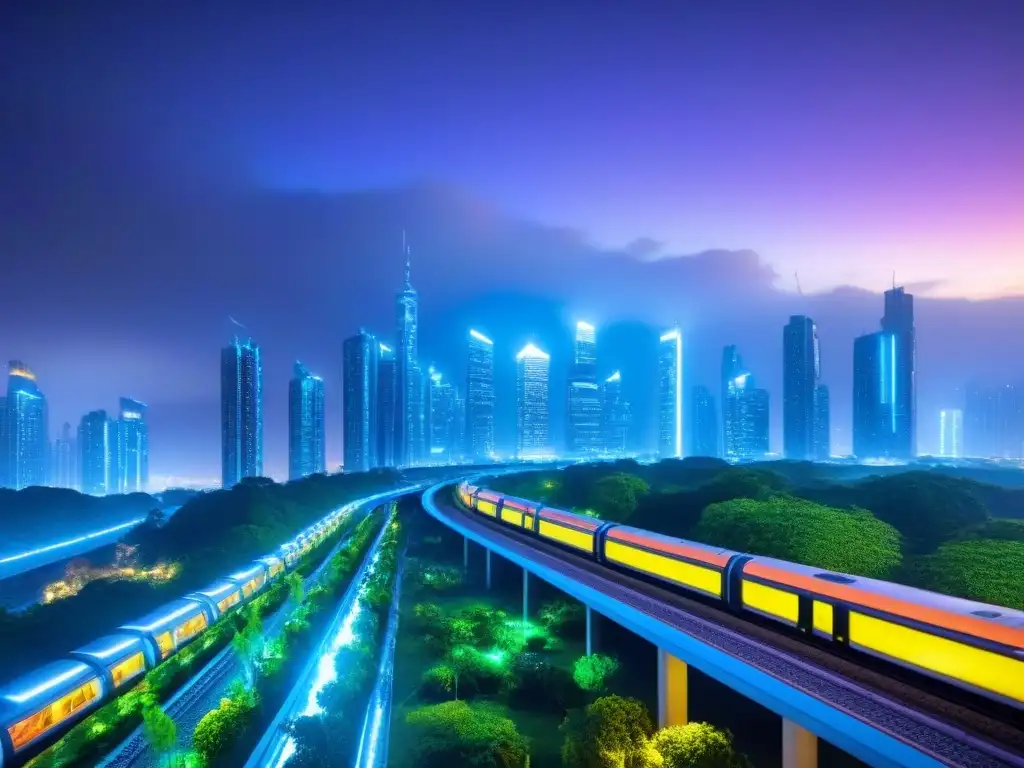 Ciudad futurista: luces LED, trenes de alta velocidad y parques urbanos innovadores Vibrante ciudad futurista de noche con desarrollo infraestructura ciudades futuro