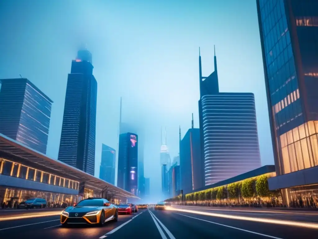 Metrópolis futurista: luces vibrantes y arquitectura innovadora Vibrante ciudad futurista de noche con rascacielos iluminados y calles llenas de vida