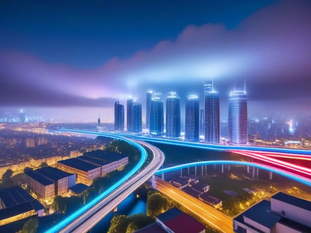 Metrópolis futurista: luces neón y tecnología avanzada Vibrante ciudad futurista de noche, iluminada por luces neón y tecnología avanzada, reflejando el impacto tecnología desarrollo urbano