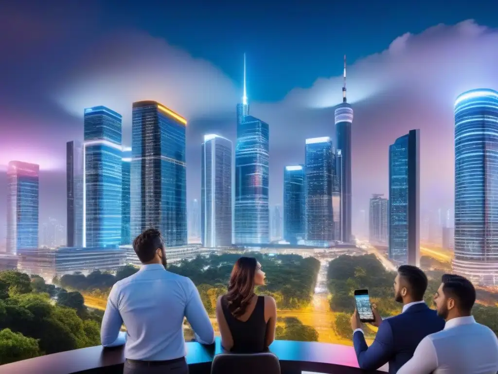 Metropolis futurista: Analítica inmobiliaria y ética Vibrante ciudad futurista de noche con rascacielos iluminados y profesionales discutiendo sobre predicción fluctuaciones mercado inmobiliario