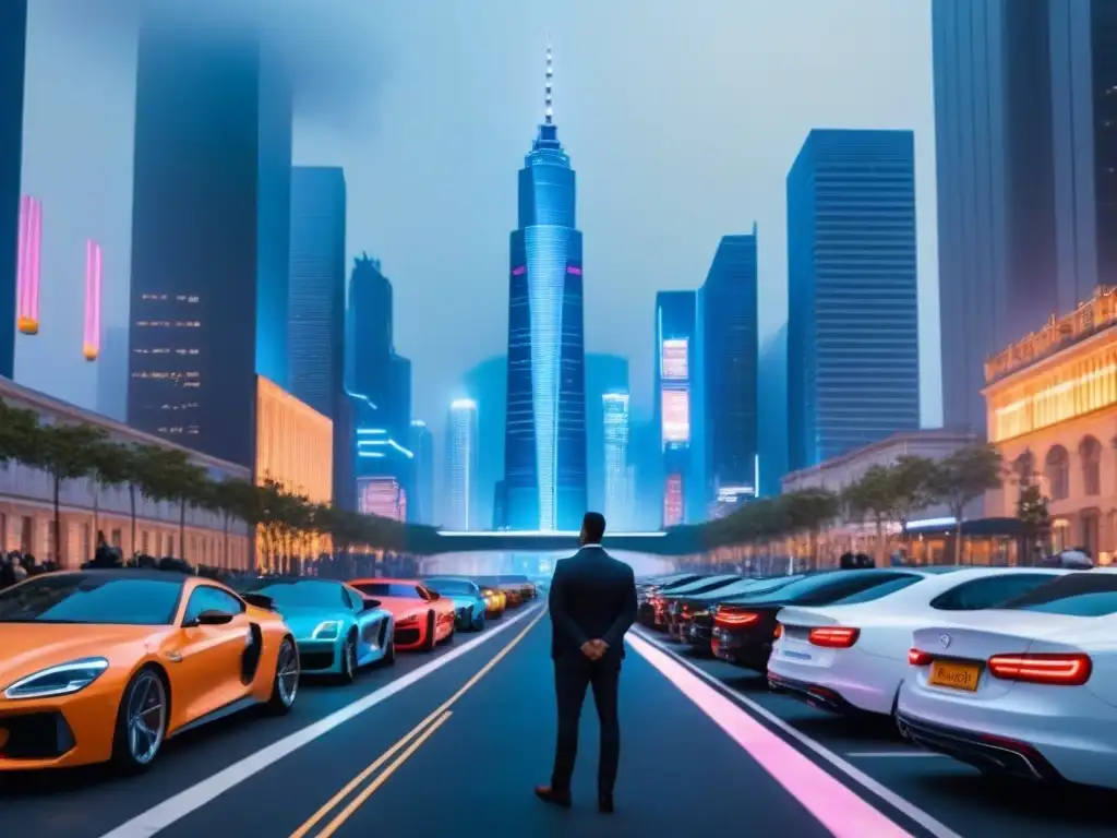 Metrópolis futurista: luces neón y riqueza urbana Vibrante ciudad futurista de noche, con rascacielos iluminados por neón