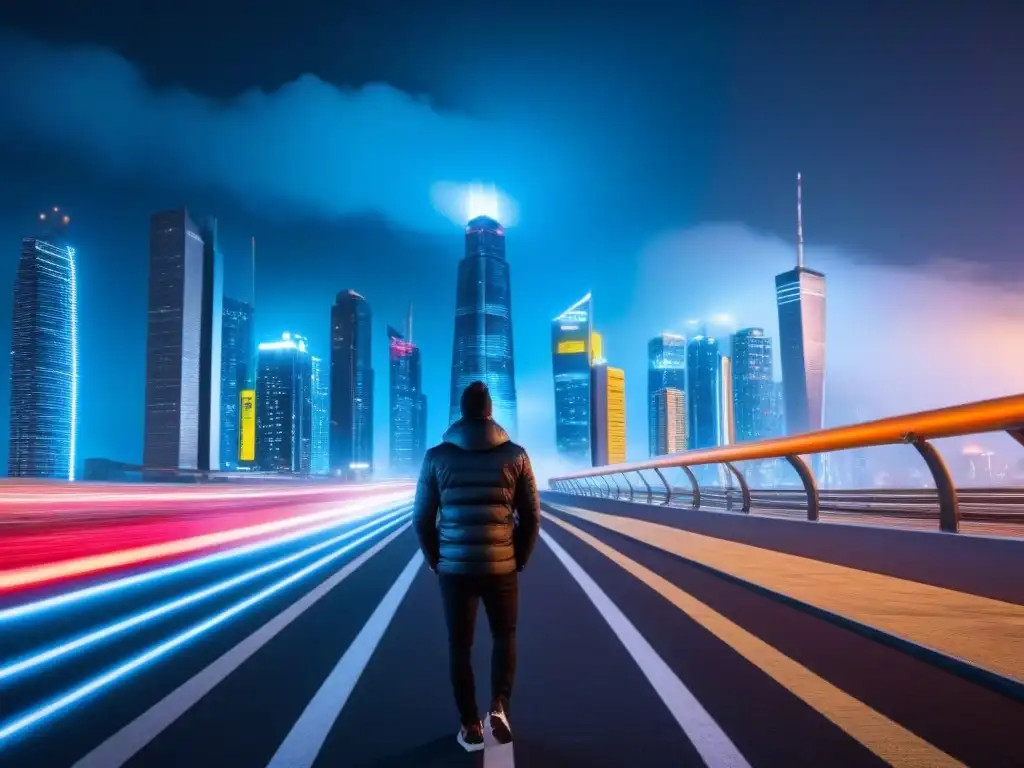 Metrópolis futurista: arquitectura innovadora y tecnología de vanguardia Vibrante ciudad futurista de noche con rascacielos iluminados por luces de neón, integrando modelos predictivos en inversiones inmobiliarias