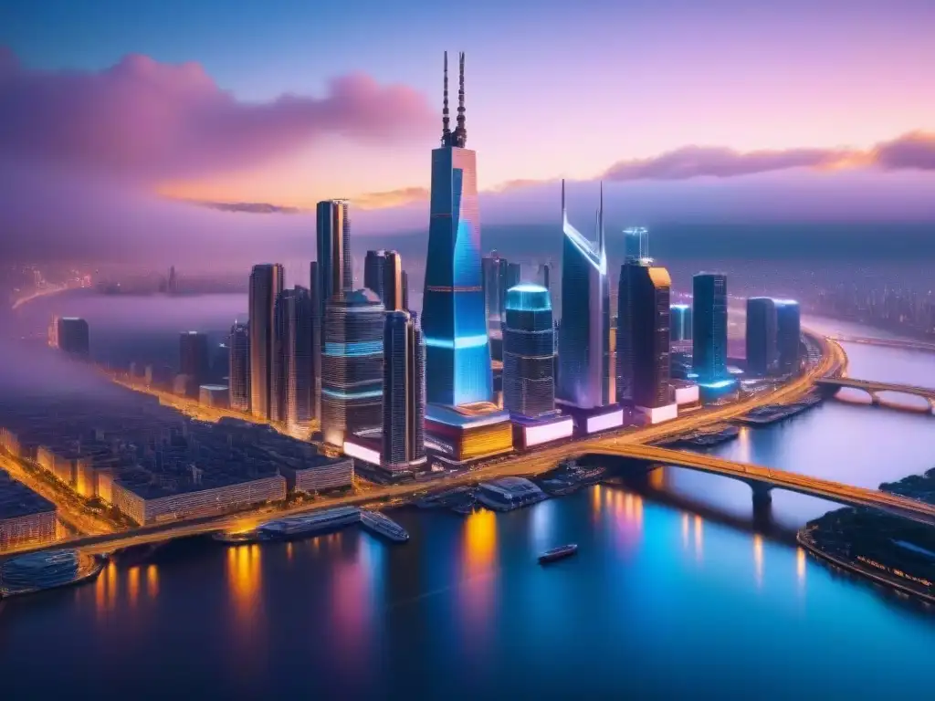 Metrópolis futurista: luces de neón en la noche Vibrante ciudad futurista de noche, proteger inversión mercado inmobiliario