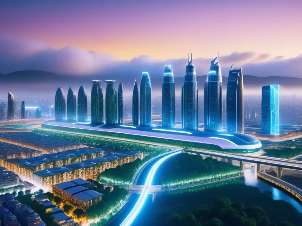 Metrópolis futurista: luces y avances en 8k Vibrante ciudad futurista de noche con rascacielos brillantes, transporte avanzado y espacios verdes