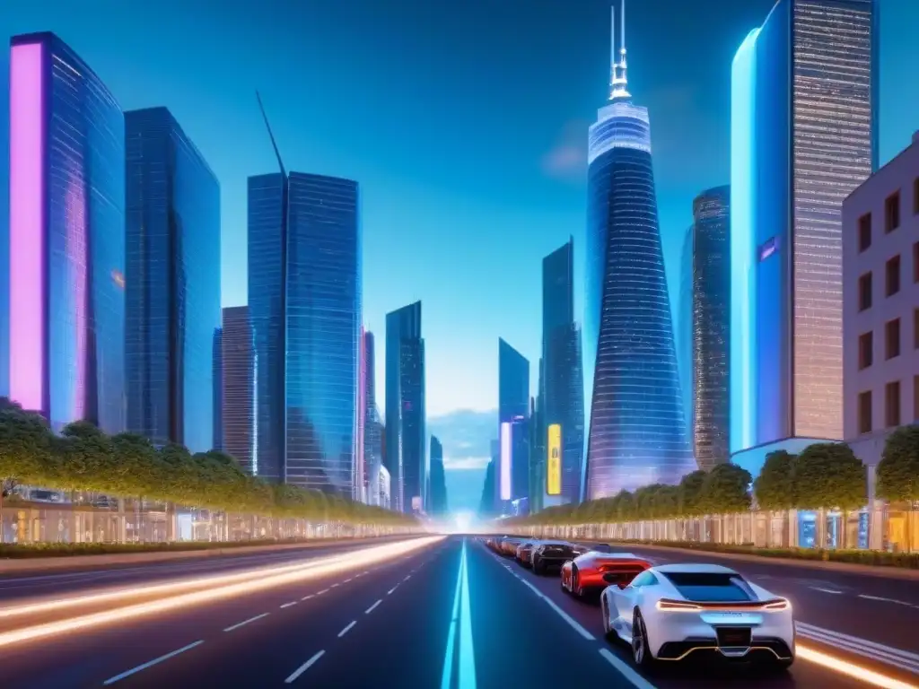 Metrópolis futurista: luces, hologramas y autos autónomos Vibrante ciudad futurista de noche con rascacielos iluminados y autos autónomos