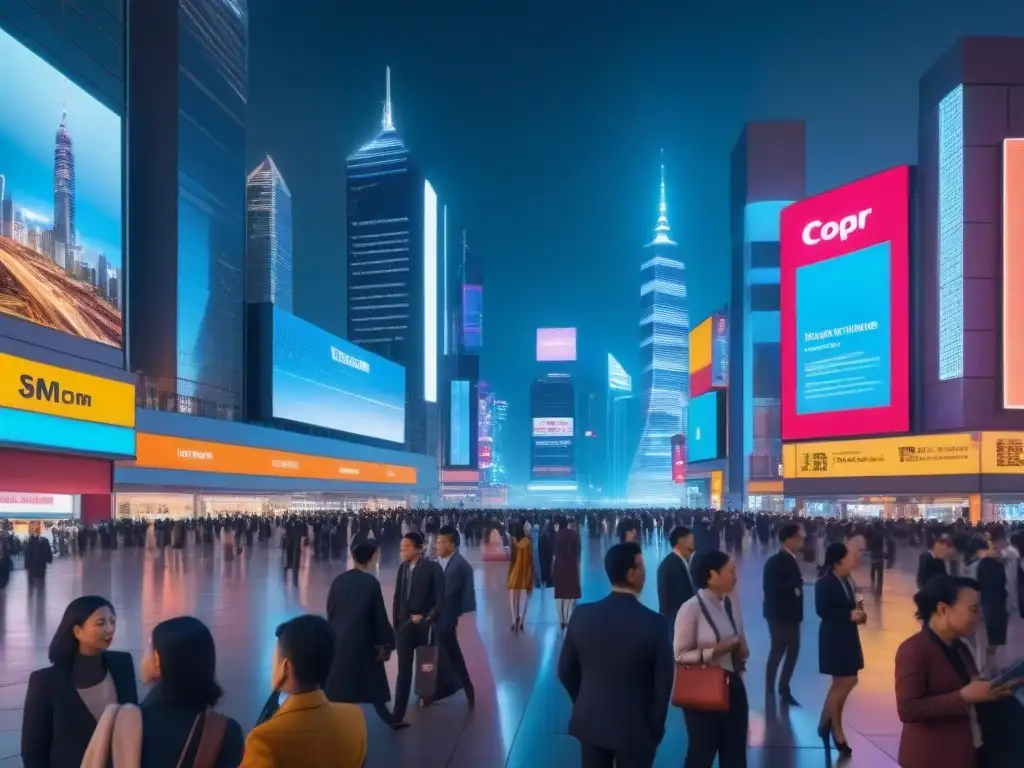 Metrópolis futurista: inversión global en centros comerciales Vibrante ciudad futurista de noche con rascacielos iluminados y profesionales discutiendo, proyectando datos de inversión
