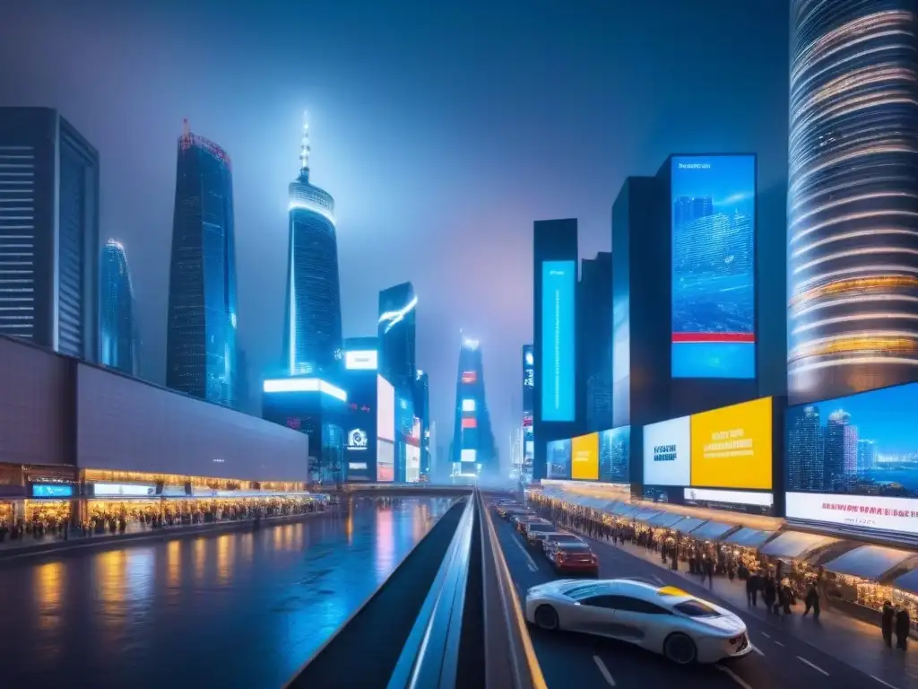 Vibrante ciudad futurista nocturna con rascacielos iluminados y pantallas digitales mostrando datos inmobiliarios