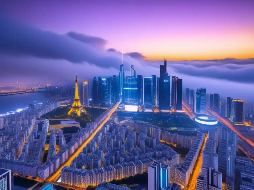 Metrópolis futurista: luces neón en rascacielos modernos Vibrante ciudad futurista nocturna con rascacielos iluminados por luces neón, reflejo de avance tecnológico y modernidad en el sector inmobiliario