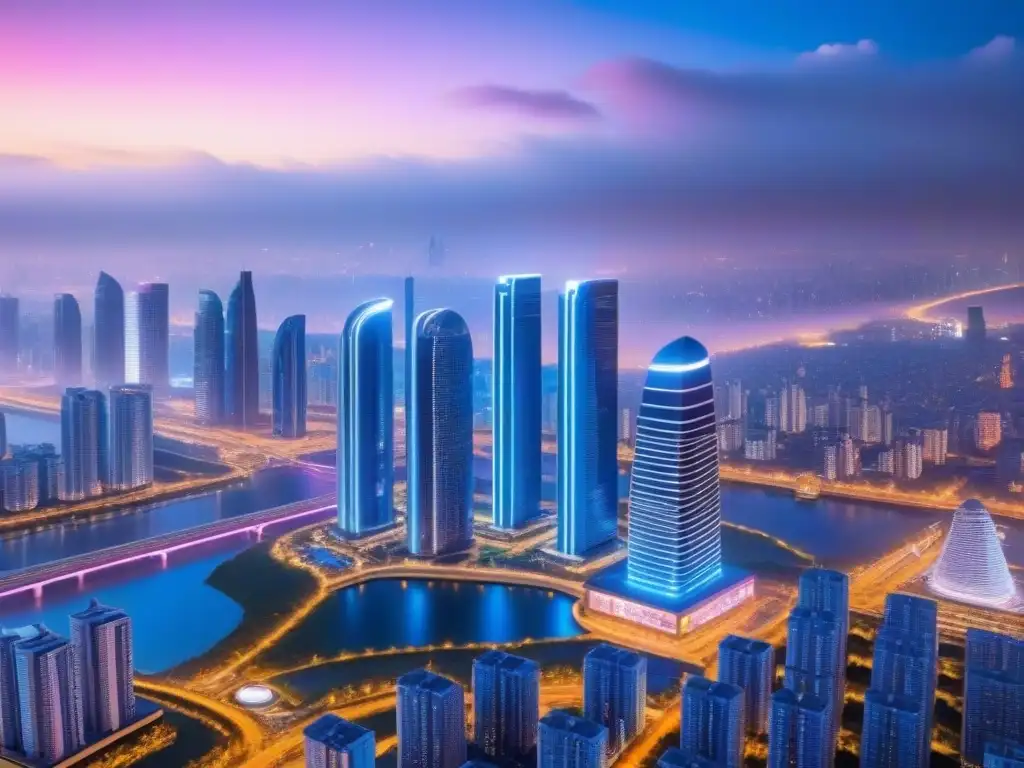 Metrópolis futurista: diseño arquitectónico avanzado con IA Vibrante ciudad futurista nocturna con rascacielos iluminados por luces de neón, fusionando tecnología y sostenibilidad