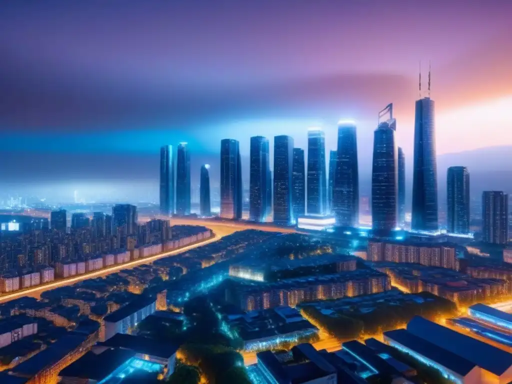 Metrópolis futurista: luces vibrantes en la noche Vibrante ciudad futurista nocturna, reflejando innovación y sofisticación en el mercado inmobiliario con derivados