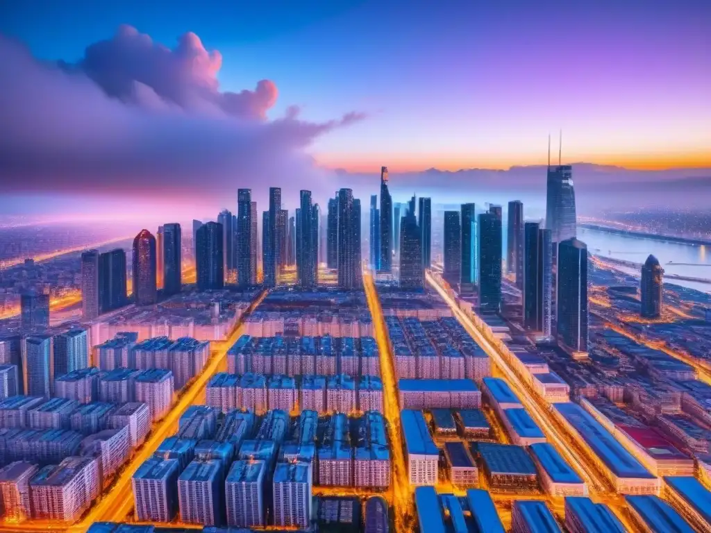 Skyline futurista con blockchain y IA en transacciones inmobiliarias Vibrante ciudad futurista con patrones blockchain, seguridad transacciones blockchain bienes raíces