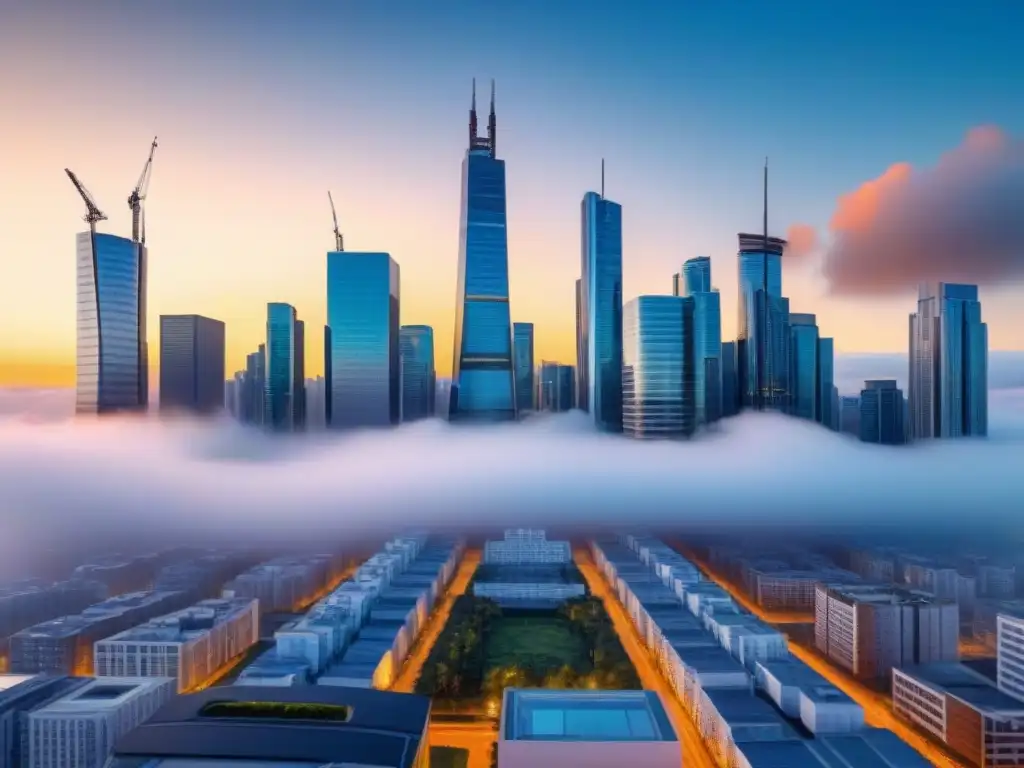 Metrópolis innovadora: educación y real estate en armonía Vibrante ciudad futurista con profesionales y gráficos flotantes, destacando la importancia educación en mercado inmobiliario