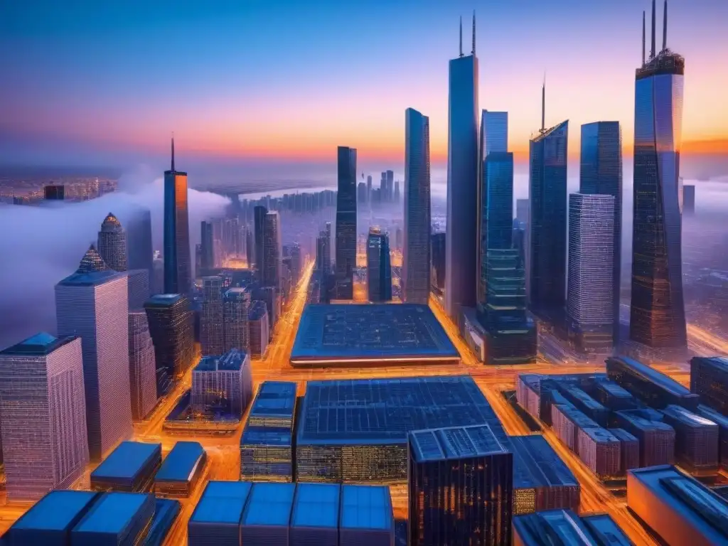 Metrópolis futurista: distrito financiero en atardecer Vibrante ciudad futurista con rascacielos, paneles digitales de bolsa y sistemas de transporte avanzados al atardecer