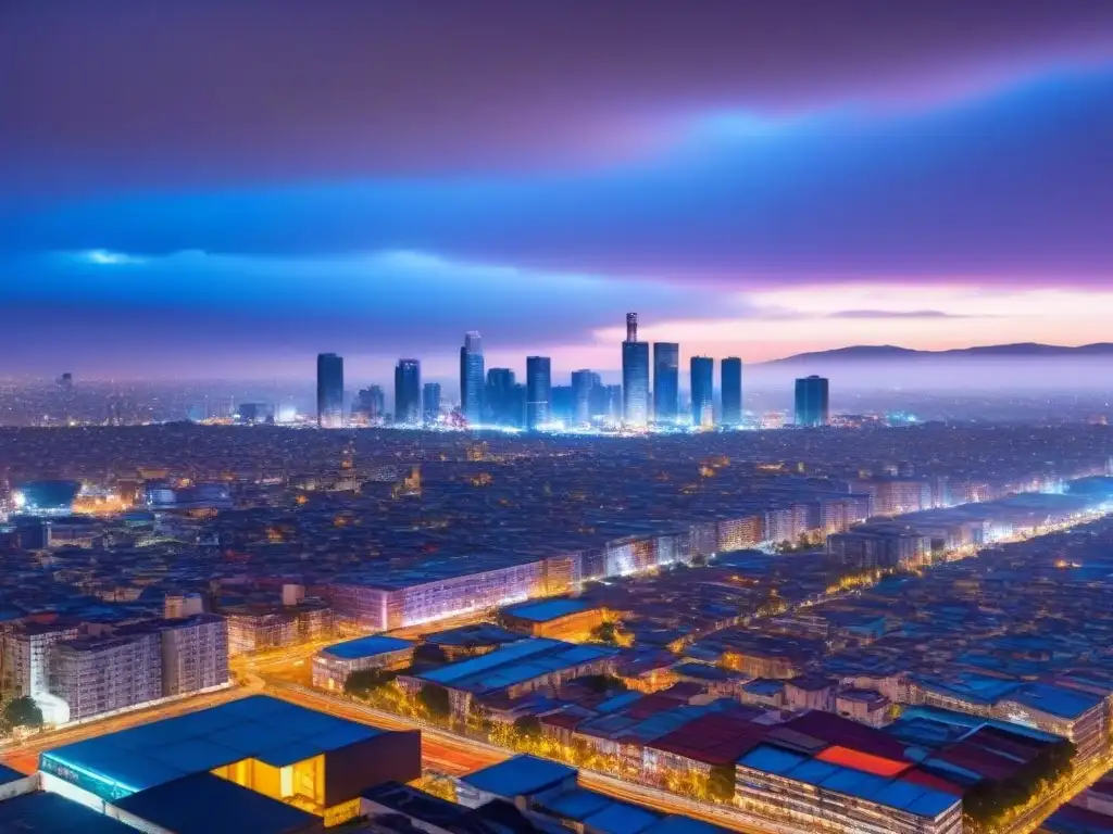 Horizonte futurista de la Ciudad de México: luces LED y energía urbana Vibrante ciudad futurista de México al anochecer, con rascacielos iluminados