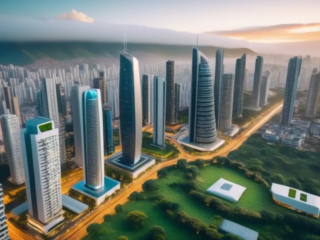 Metrópolis futurista en Sudamérica: renacimiento postpandémico Vibrante ciudad futurista en Sudamérica: rascacielos, naturaleza y diversidad en la postpandemia