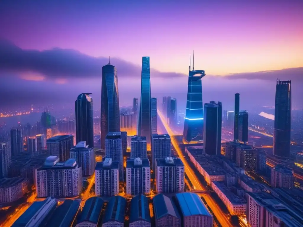 Metrópolis futurista: luces neón en atardecer innovador Vibrante ciudad futurista al anochecer, con rascacielos iluminados por luces neón