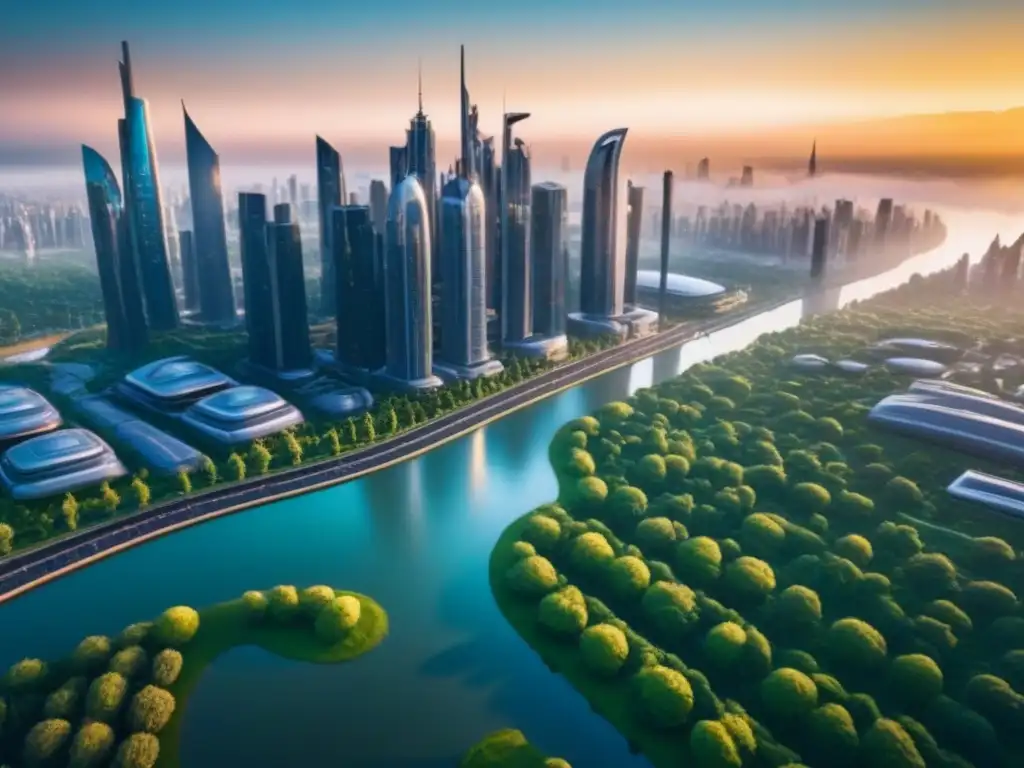 Metrópolis futurista: luces y riesgos inmobiliarios Vibrante ciudad futurista con rascacielos y tecnología avanzada, reflejando el sol poniente