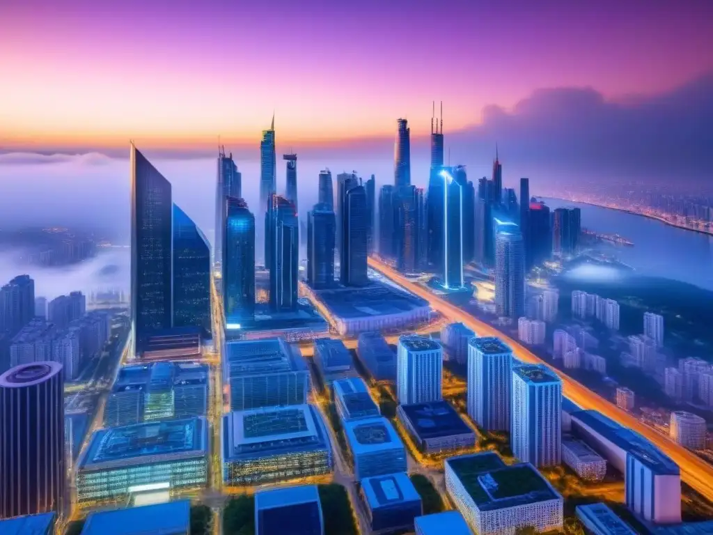 Metrópolis futurista: rascacielos de cristal y luces neón Vibrante ciudad futurista al anochecer con rascacielos, luces neón y drones