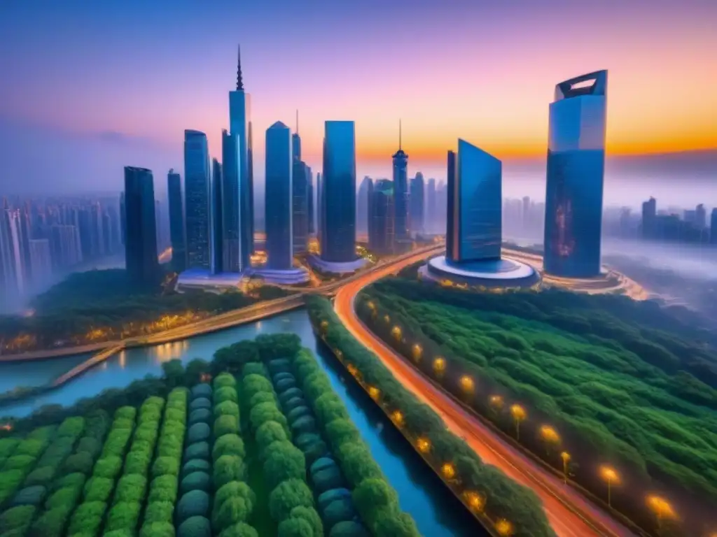 Metrópolis futurista: ciudad 8k vibrante y verde Vibrante ciudad futurista con rascacielos y naturaleza, profesionales dialogando