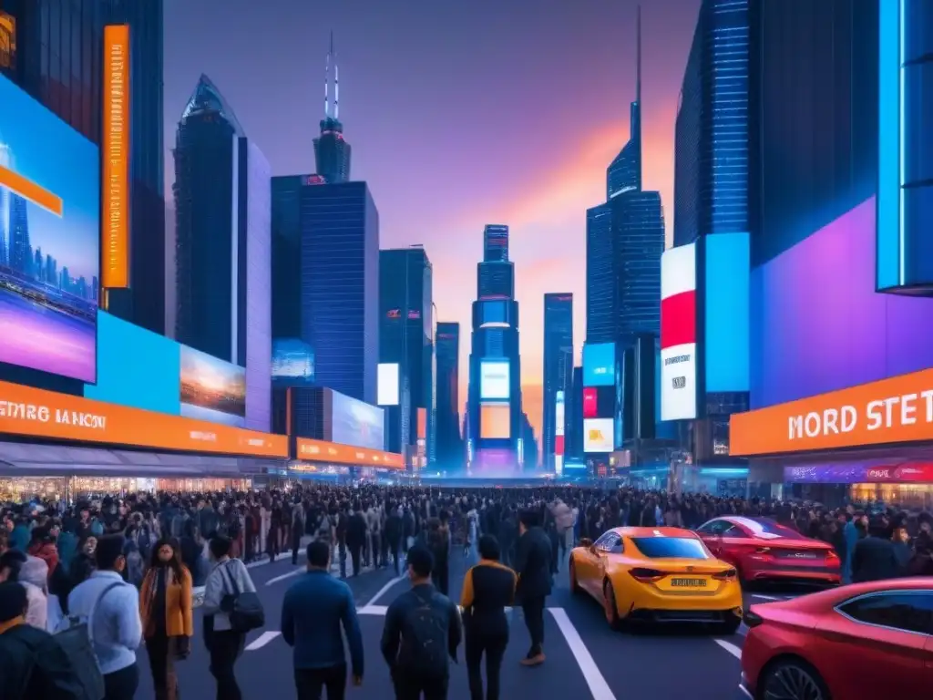 Vibrante ciudad futurista con rascacielos, tecnología avanzada, gente diversa y pantallas digitales mostrando datos económicos