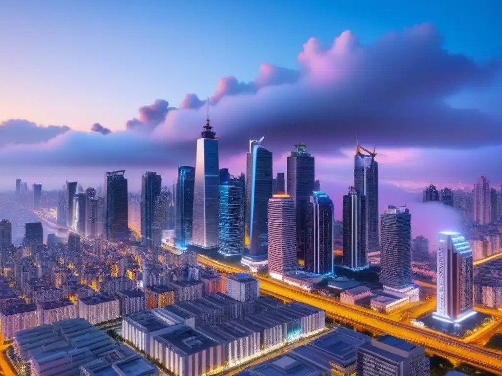 Metrópolis futurista: rascacielos innovadores en 8k Vibrante ciudad futurista al anochecer con rascacielos innovadores iluminados por luces neón