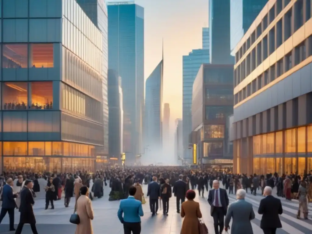 Metrópolis futurista: tendencias demográficas y oportunidades de inversión Vibrante ciudad futurista con rascacielos, gente diversa y la influencia de tendencias demográficas en inversiones en centros comerciales