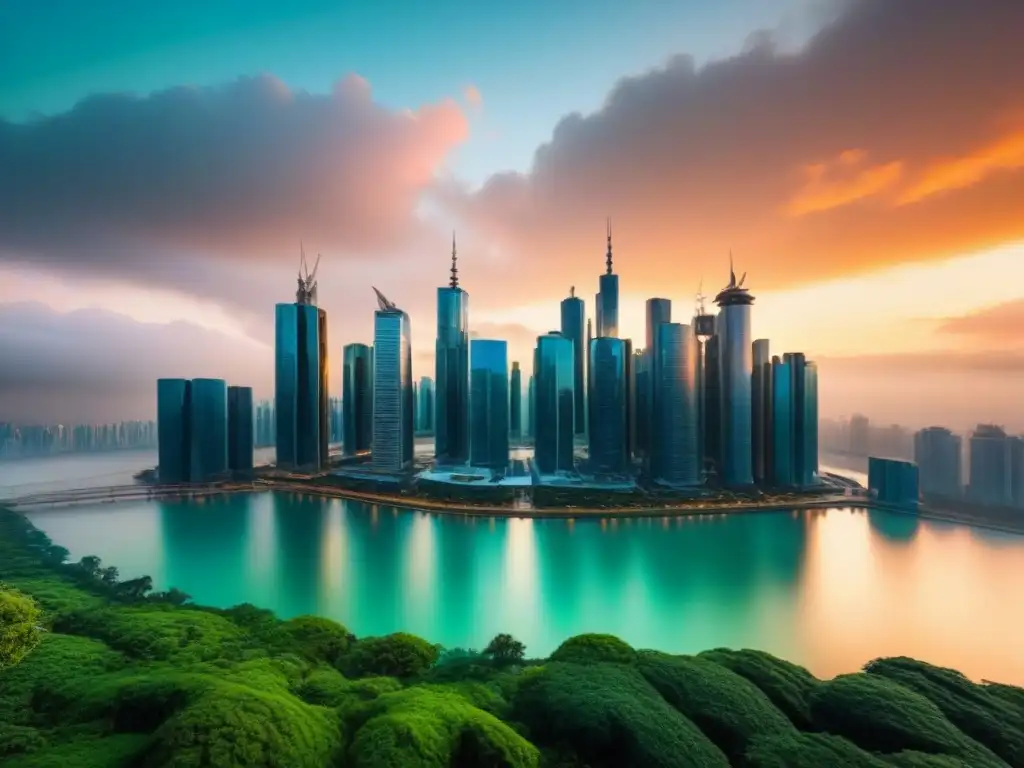 Horizonte futurista: ciudad moderna y verde al atardecer Vibrante ciudad futurista con rascacielos al atardecer, simbolizando oportunidades de inversión