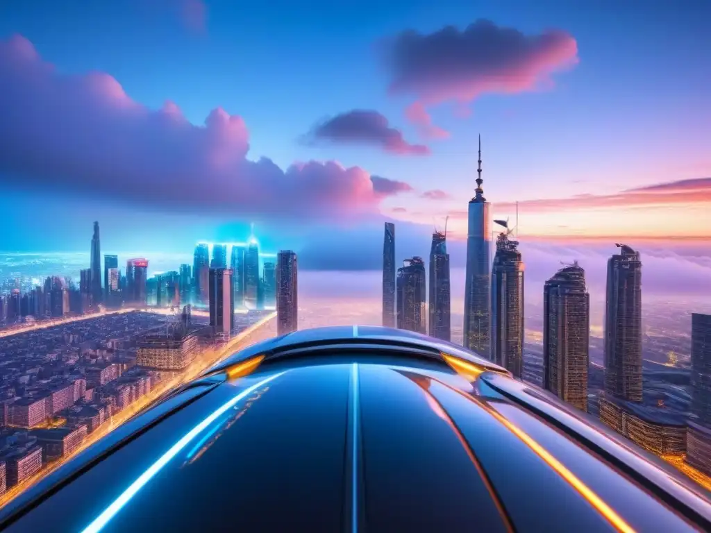 Innovación urbana: ciudad futurista al anochecer con tecnología avanzada Vibrante ciudad futurista al anochecer con rascacielos y vehículos voladores