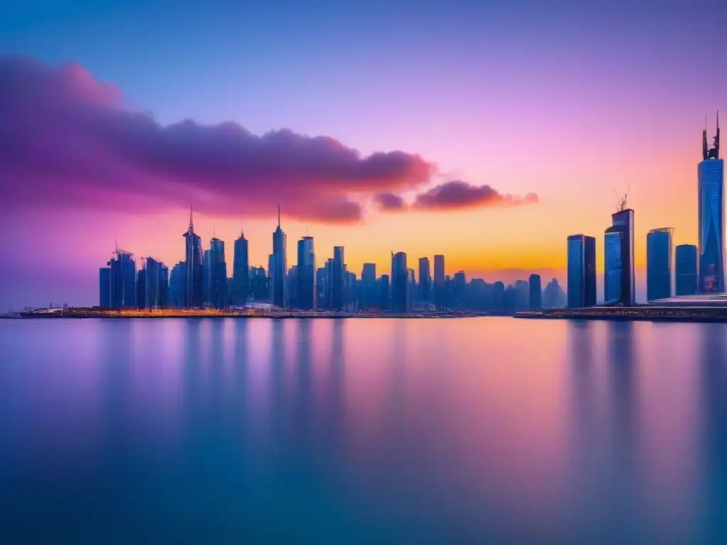 Horizonte futurista: ciudad de cristal al atardecer Vibrante ciudad futurista con rascacielos de vidrio reflejando un atardecer, simbolizando innovación en Modelos predictivos inversión inmobiliaria